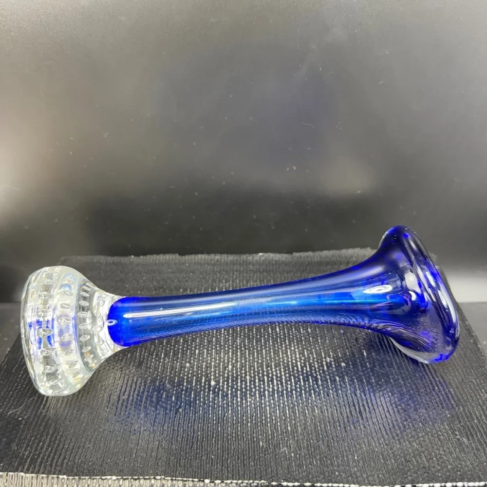 Aseda Glasbruk Cobalt Blue Art‎ Glass Vase Controlled Bubble Base Tri Corner Rim